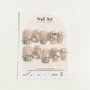 Handmade Press On Nail Rhinestones Small French Tip Silver Tip Pearl Nail Art XS